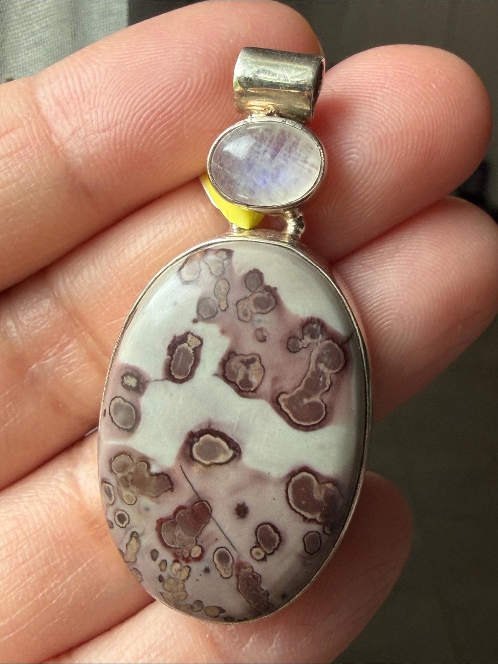 Oval Jasper & Rainbow Moonstone 925 Sterling Silver Pendant in Lavender-Taupe